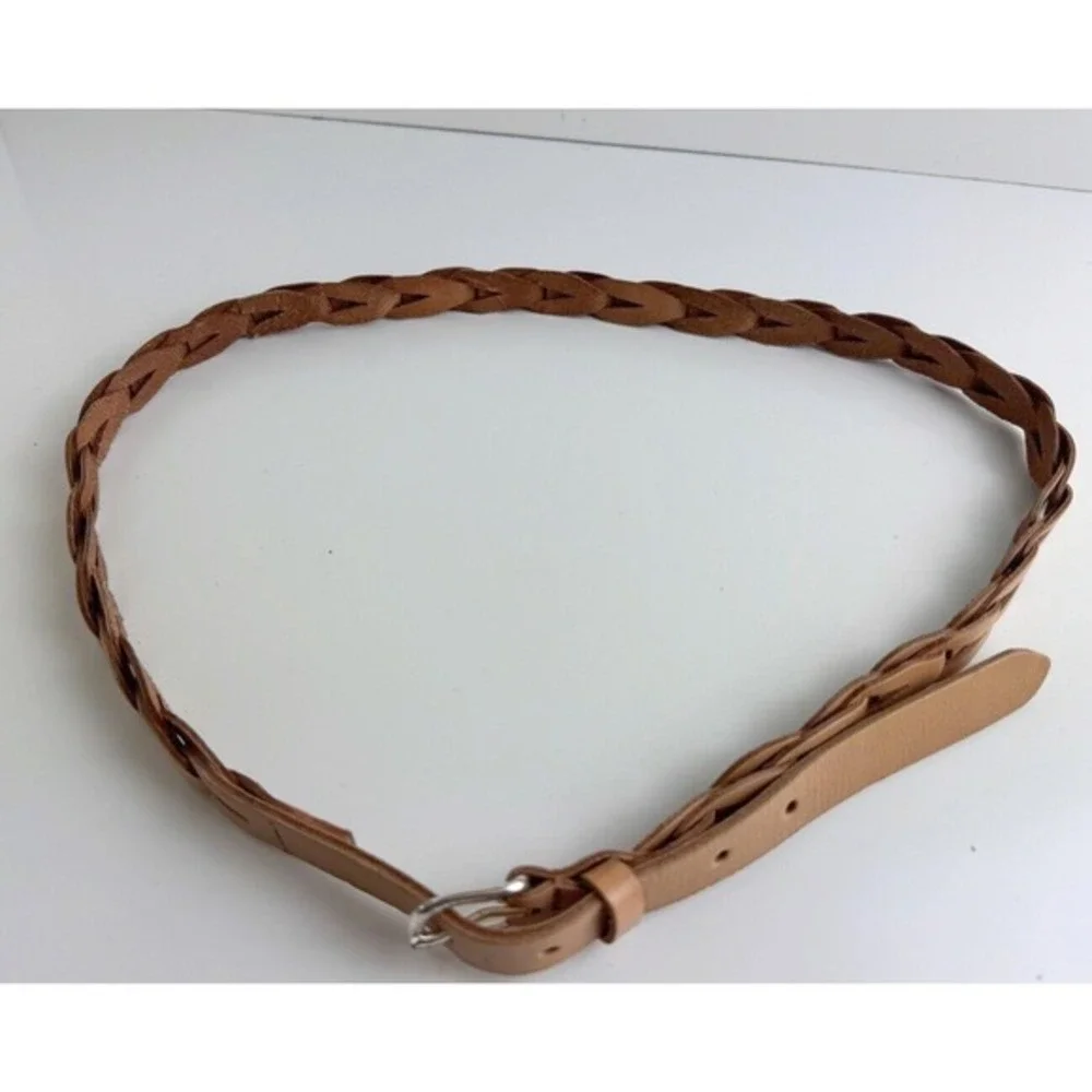 Tan Braided Leather Skinny Belt Silver Buckle Boho Cinch Waist Casual Chic 47-77